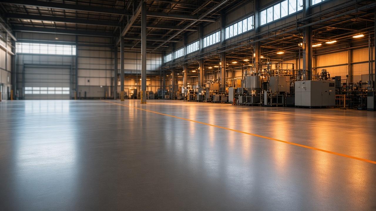 Seamless industrial epoxy floor in a working manufacturing hall