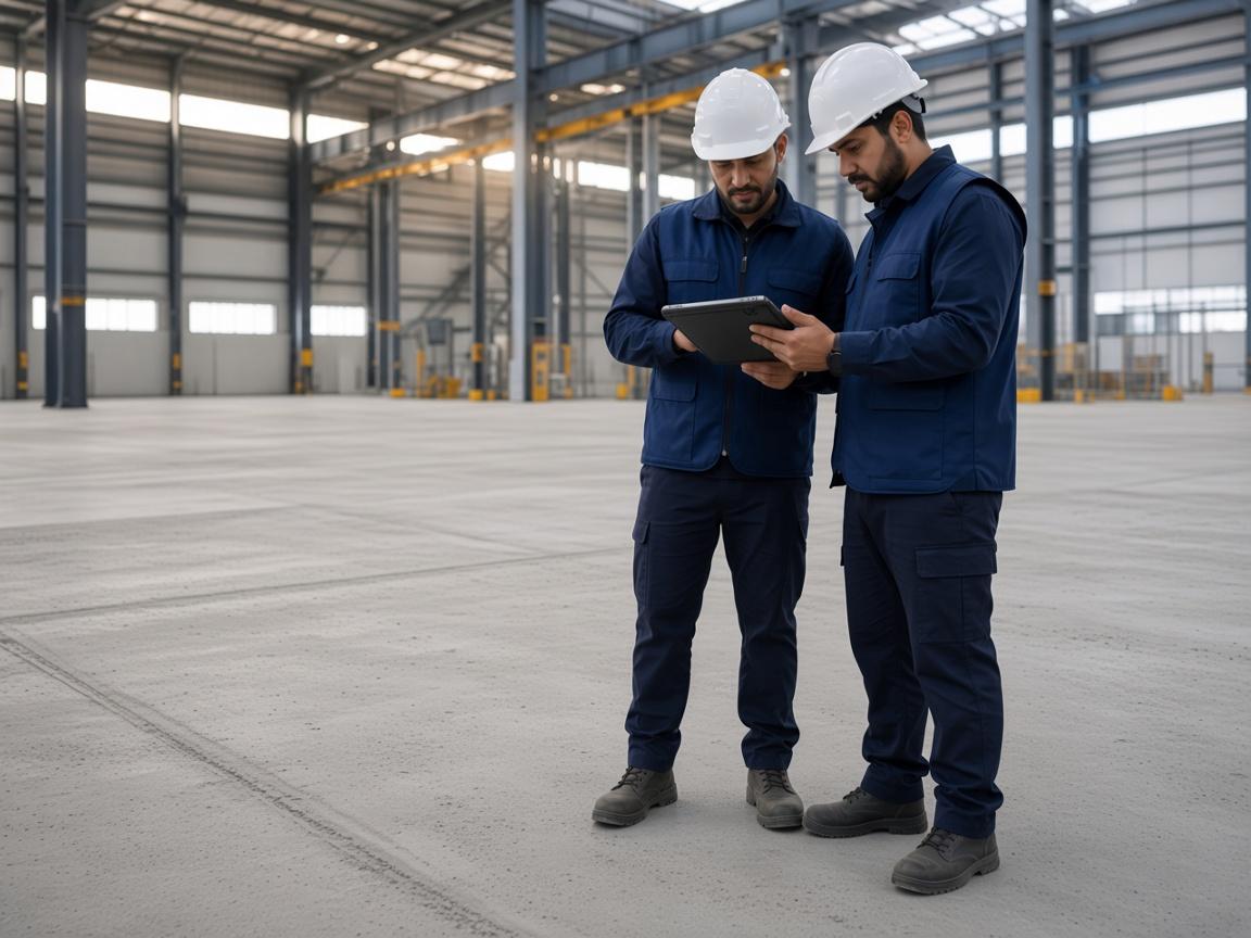 Two inspectors standing on a bare concrete warehouse slab during site assessment