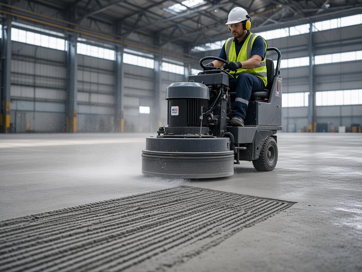 Industrial diamond floor grinder preparing a concrete warehouse slab