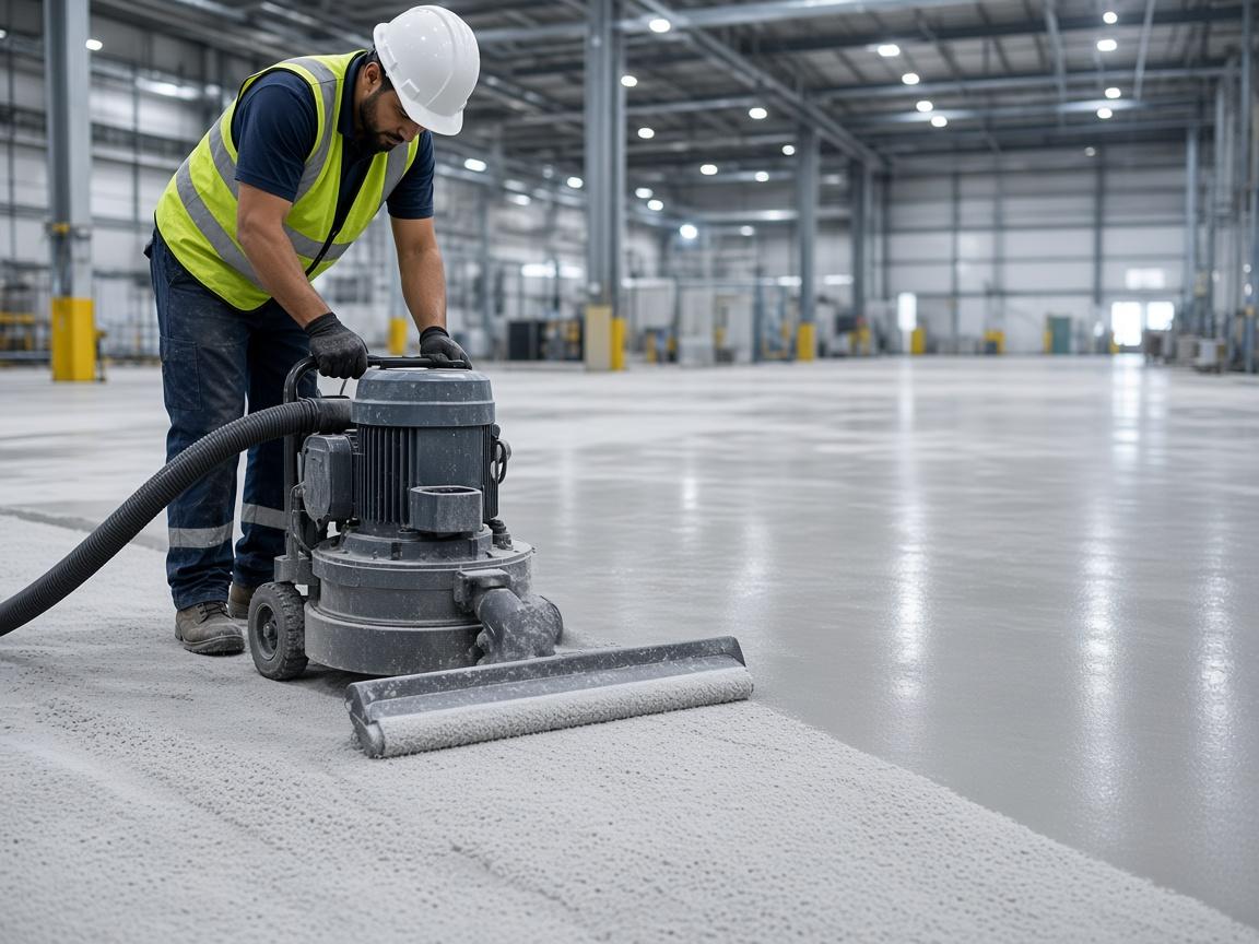 Worker vacuuming concrete dust after industrial floor grinding