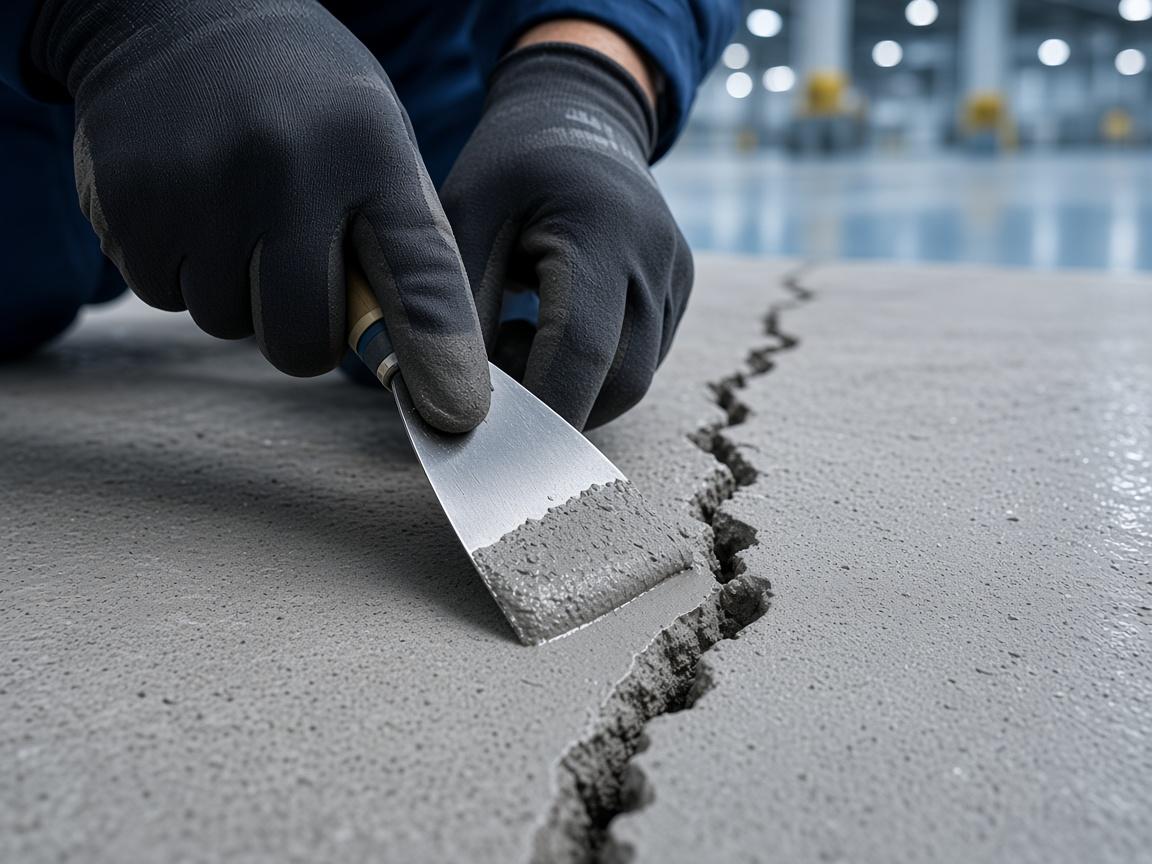 Gloved hands filling a concrete crack with epoxy repair mortar