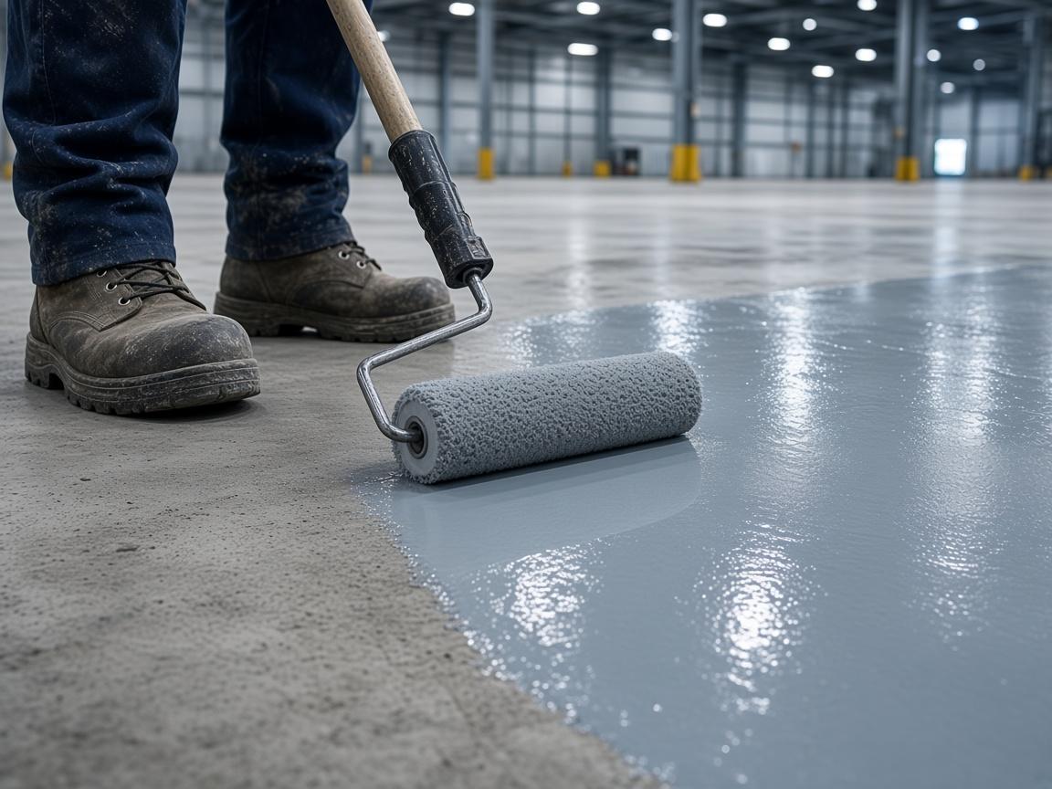 Long-handled roller applying translucent epoxy primer on concrete