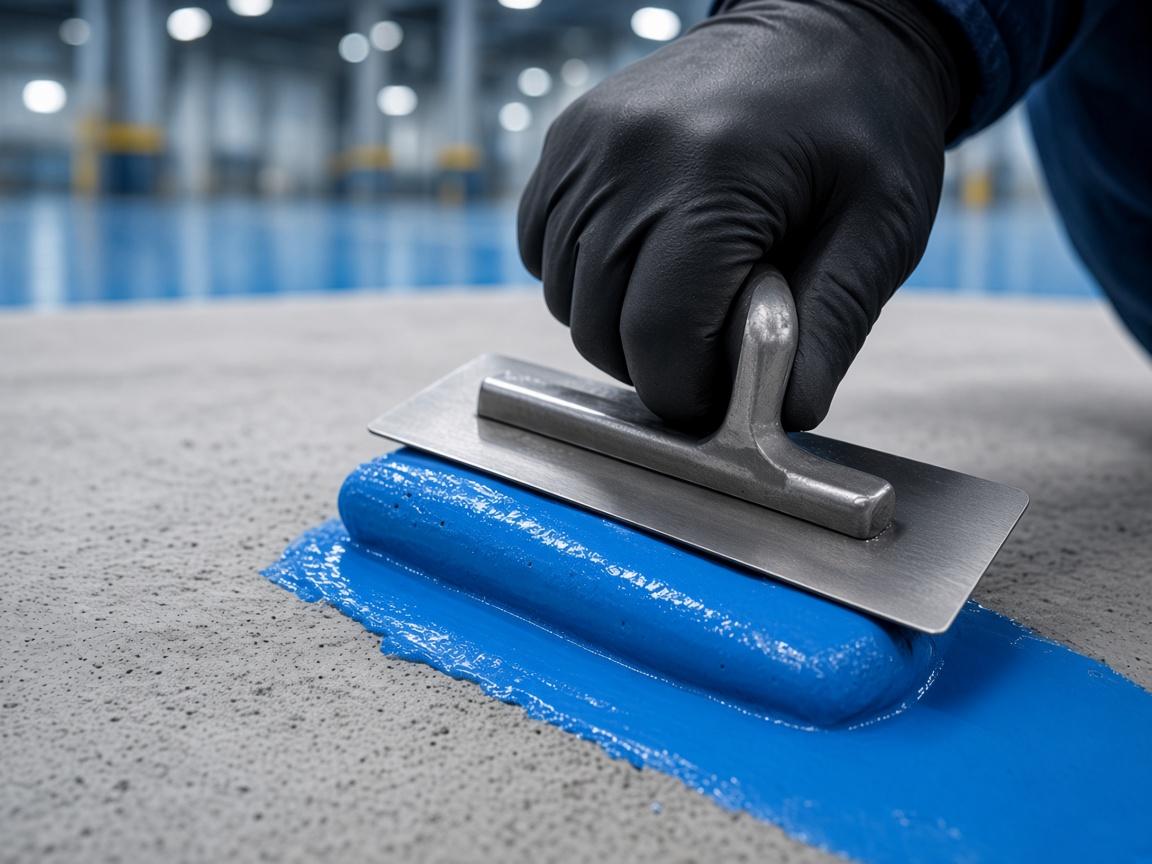 Trowel spreading blue epoxy putty to fill pinholes on an industrial floor