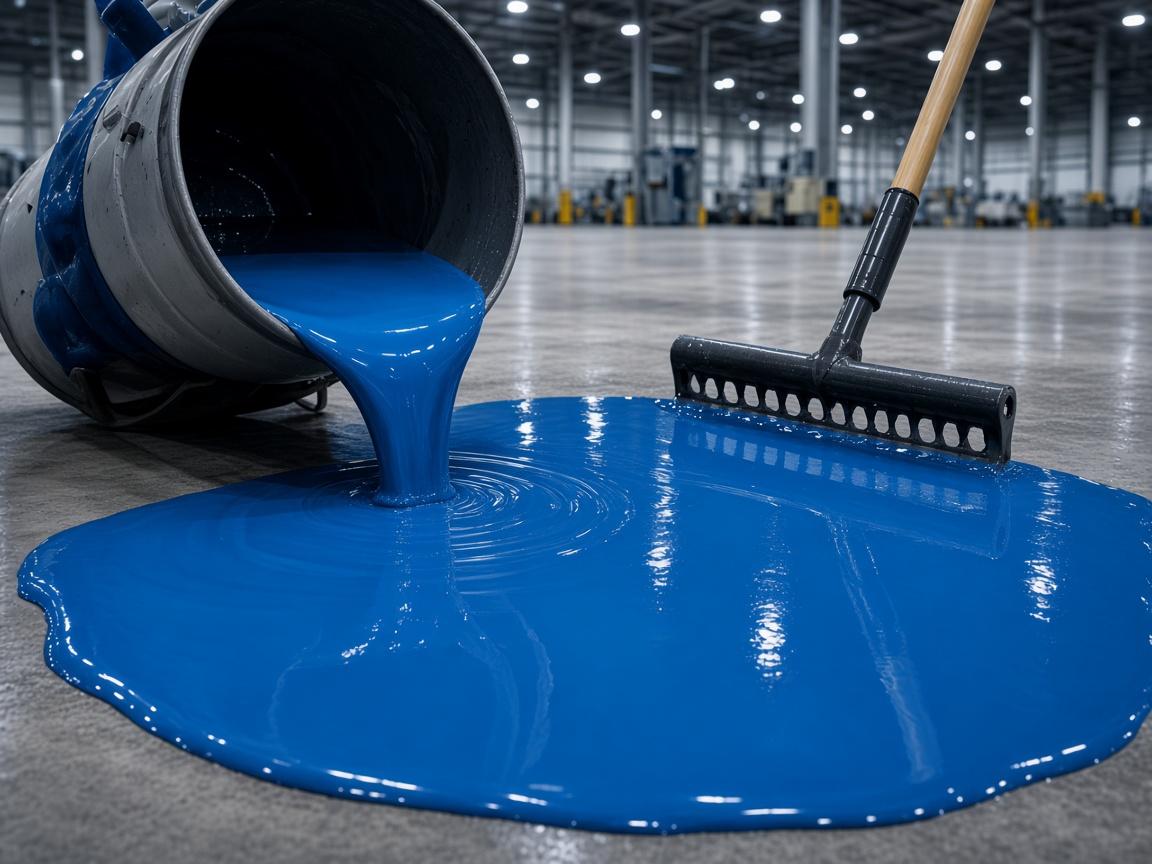 Self-levelling blue epoxy poured and spread across an industrial floor