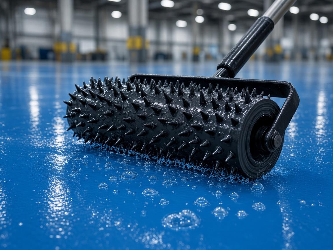 Spiked roller de-aerating freshly applied blue self-levelling epoxy