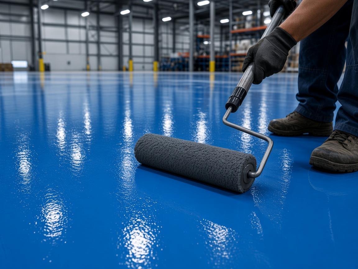 Roller applying a high-gloss blue industrial epoxy top coat