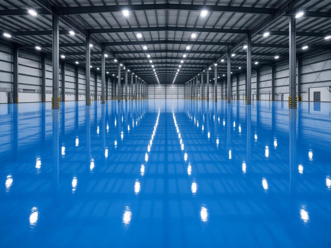 Empty warehouse with a newly cured reflective blue industrial epoxy floor