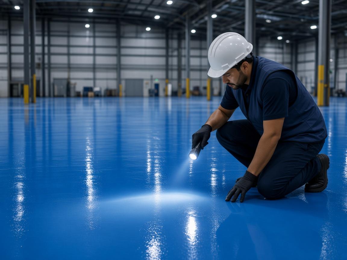 Technician inspecting gloss and finish quality on a completed blue epoxy floor