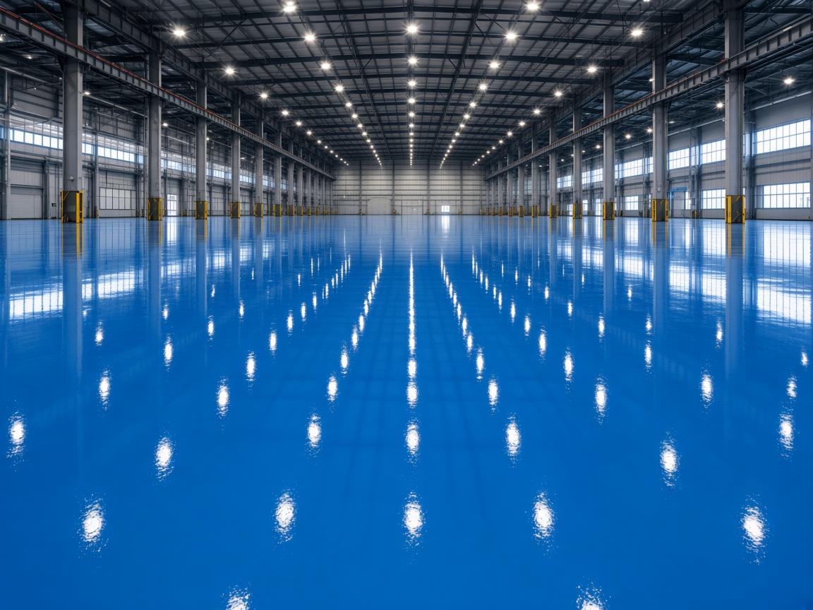 Finished high-gloss blue industrial epoxy floor ready for handover